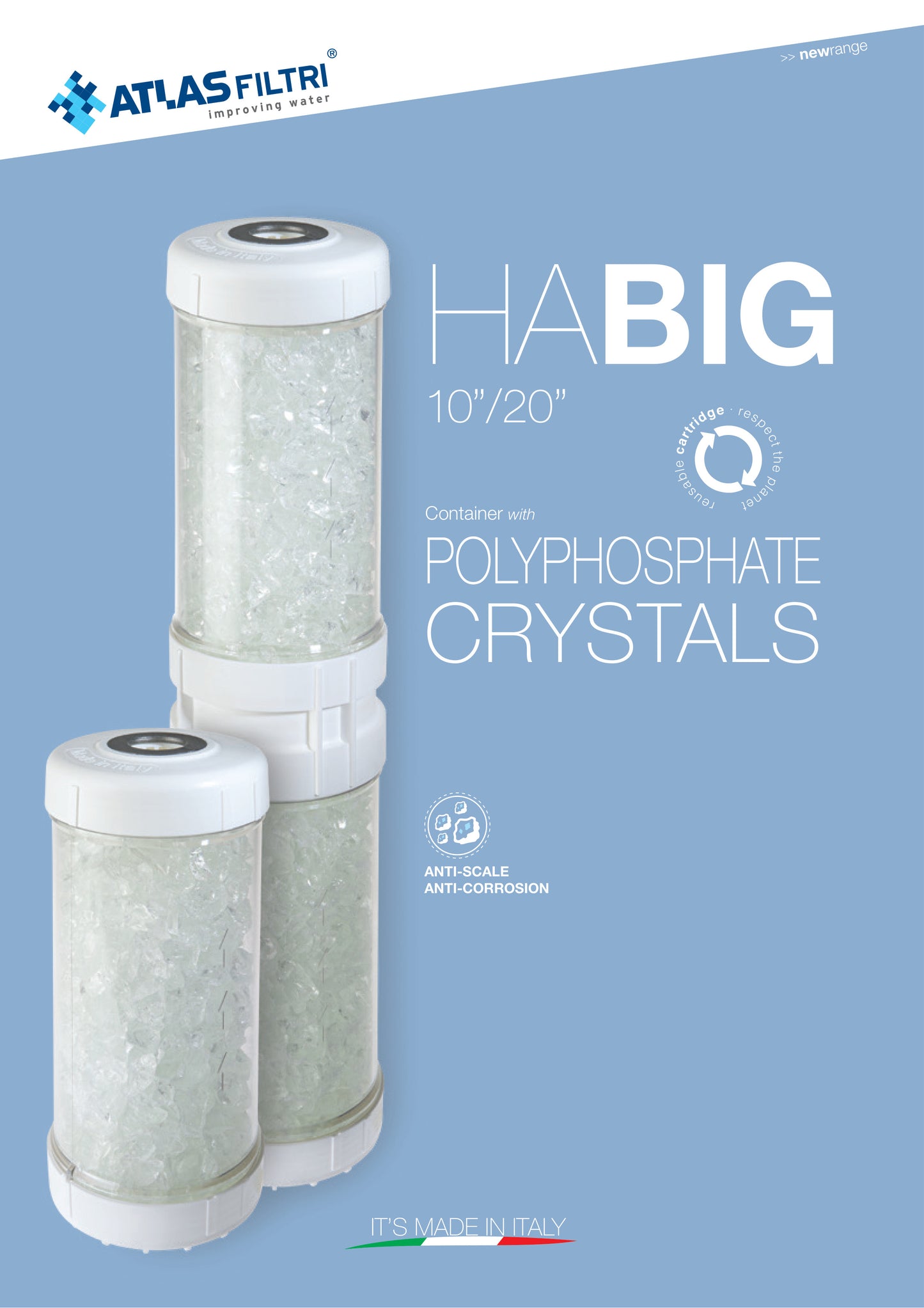 Refillable cartridge with 4.5"x20" Polyphosphate crystals