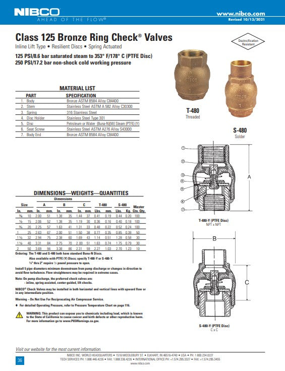 THREADED RING CHECK VALVE - NIBCO BRONZE - UL NSF 250 PSI 1 1/2" - MIOM0385