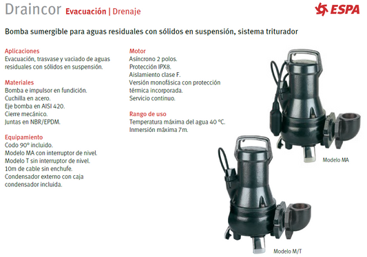 DRAINCOR - bomba de drenaje 1.5 HP - con triturador
