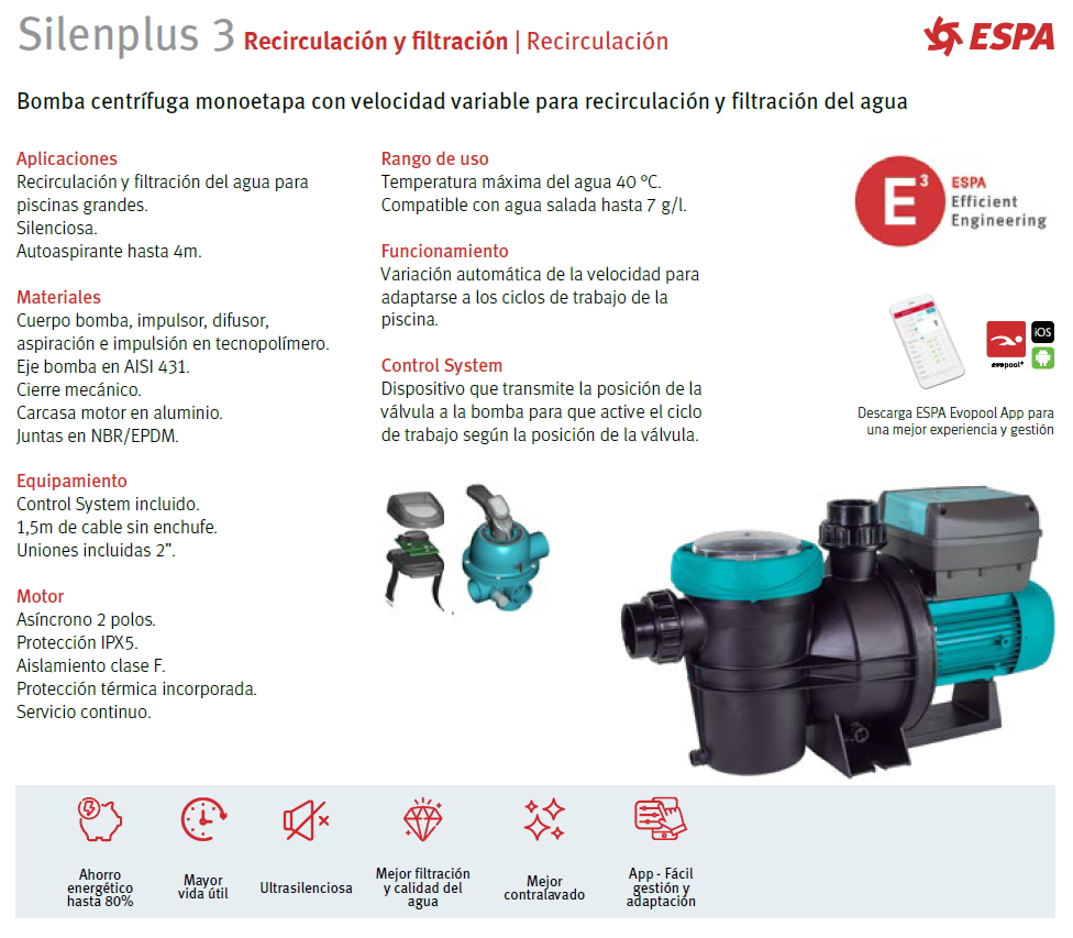 3M SILEN PLUS pool pump, 3 HP, variable speed