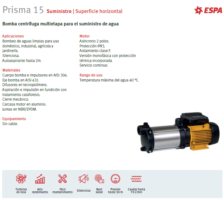 PRISMA 15 2 multi-stage centrifugal pump, 0.5 HP, 220V