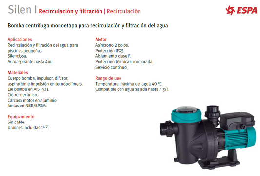 Bomba de piscina ESPA modelo SILEN I50 - 0.5 HP, 220V