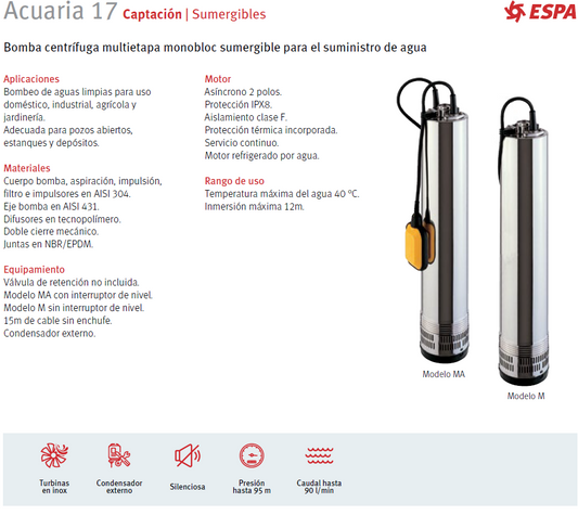 Bomba sumergible ESPA modelo Acuaria 17 4, 1.5 HP, 220V