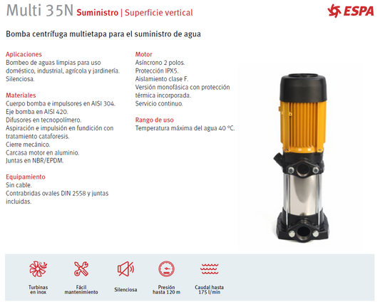 Bomba vertical marca ESPA Multi 35 6N - 5.5 HP, 220/460V 3F