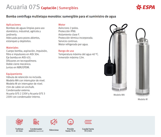 BOMBA SUMERGIBLE ACUARIA 07S 4 MA 1.2 HP, 220V