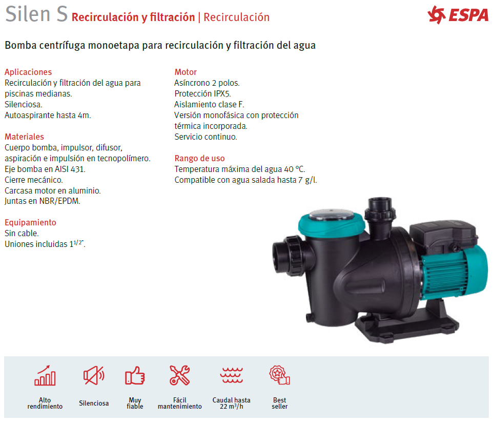 SILEN S75 pool pump - 3/4 HP, 220V