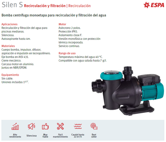 Bomba de piscina SILEN S75 - 3/4 HP, 220V