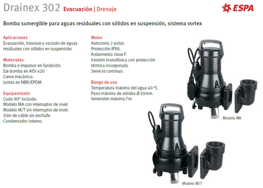 Bomba de drenaje DRAINEX 302, 1.5 HP, 220V