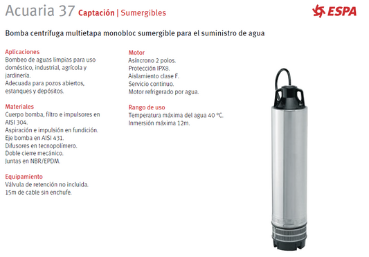 Bomba sumergible ACUARIA 37 4, 220V, 3F, 3HP