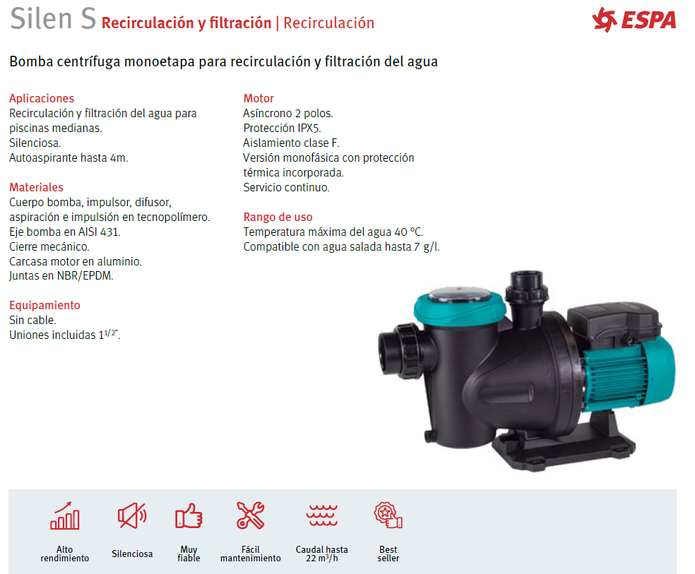 SILEN S150 pool pump, 1.5 HP, 220V