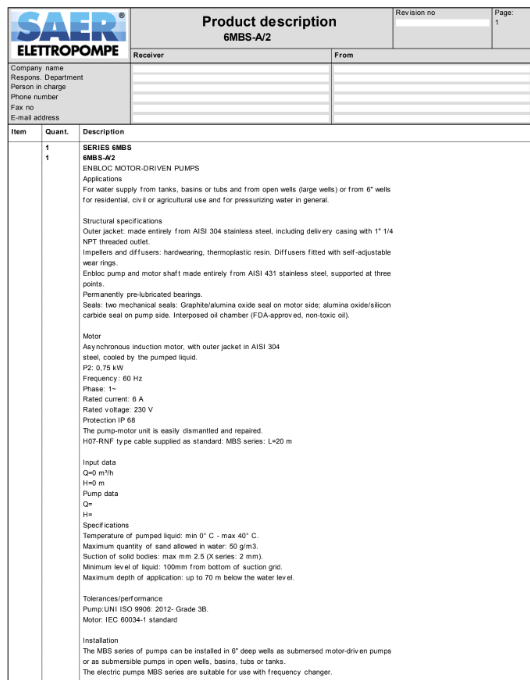 Bomba sumergible 6MBS A/2, 1 HP, 230V, con flotador
