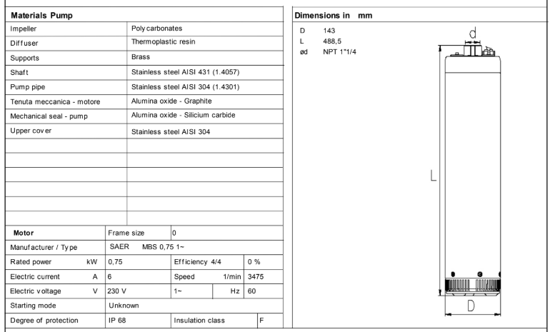 Submersible pump 6MBS A/2, 1 HP, 230V, with float