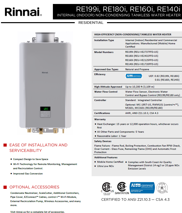RINNAI Non-Condensing Tankless Water Heater - RE199iP - 199,000 btu/hr