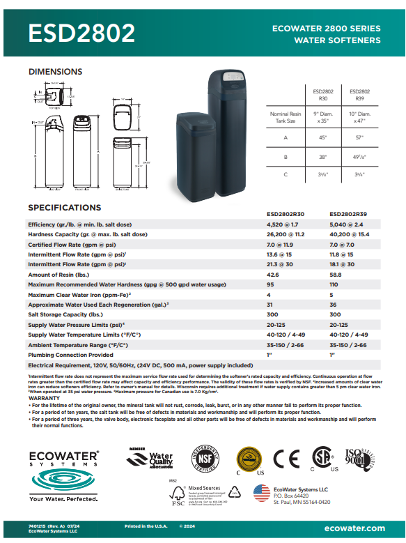 ECOWATER ESD2802 R39 2ft3 - 25 gpm Softener