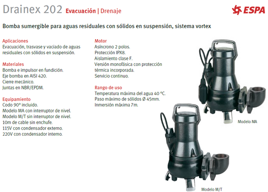 Bomba de drenaje Drainex 202, 1.5 HP, 220V