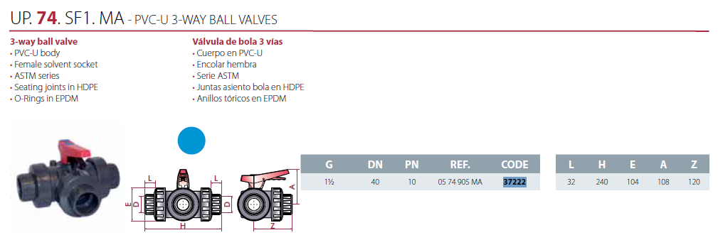 3-way ball valve, 1 1/2"
