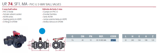 Válvula de bola de 3 vías, 1 1/2"