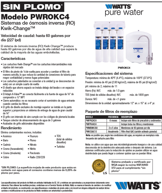 Sistema de Osmosis Inversa para el fregadero - 4 etapas 50 gpd