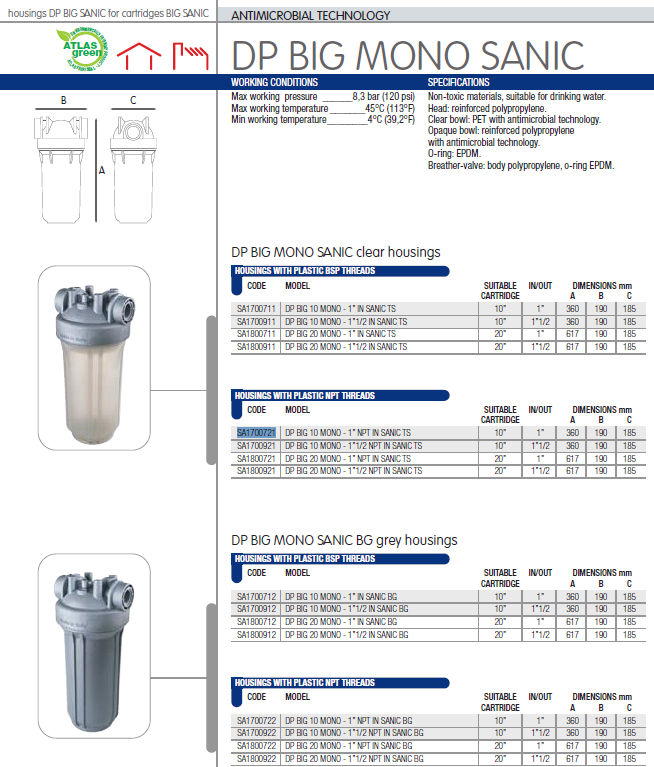 Clear Filter Housing - MONO Antimicrobial 2.5"x10", 3/4" NPT