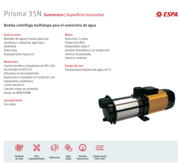 PRISMA 35 2N multi-stage centrifugal pump, 1.5 HP, 220/440V 3F 60 Hz