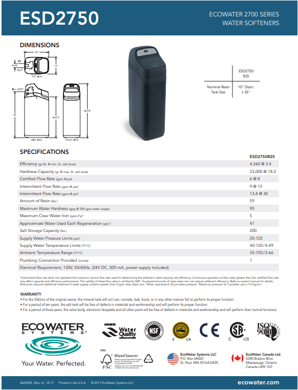 ECOWATER softener model ESD2750 R25 - 1 ft3