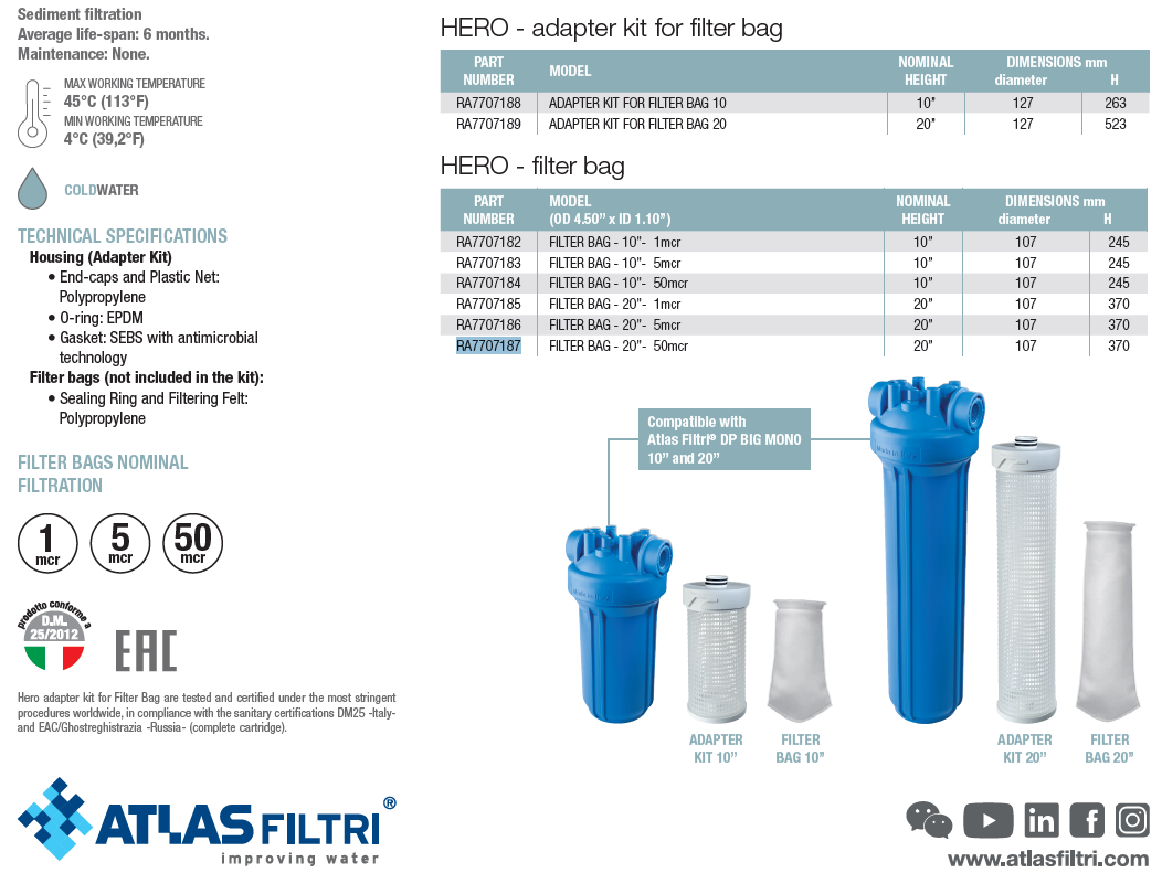 Bag filter for 20" housings - 50 microns