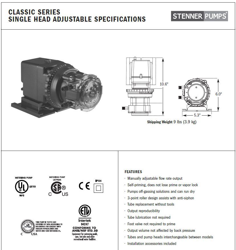 Metering Pump - Stenner - up to 3 gpd @ 100 psi