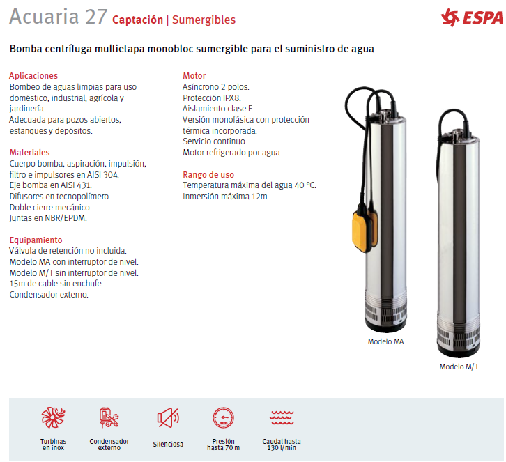 ESPA submersible pump model Acuaria 27 4, 2HP, 220V single-phase