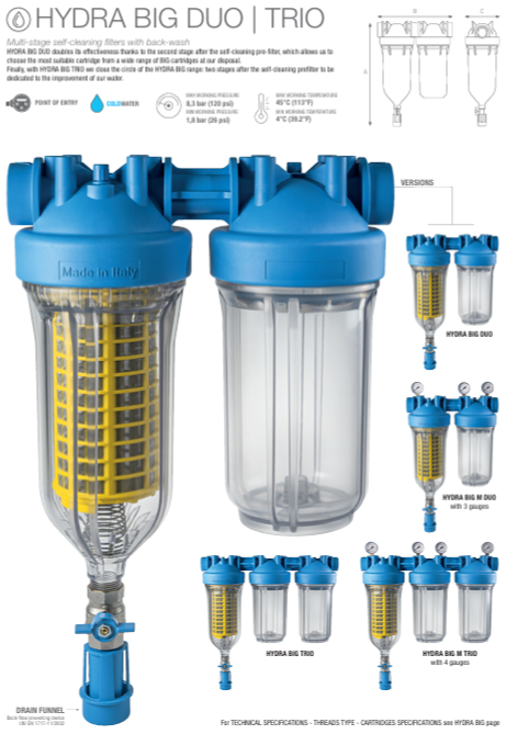 HYDRA BIG M 1 1/2" Self-Cleaning Filter, 90 micron stainless steel mesh, blue housing
