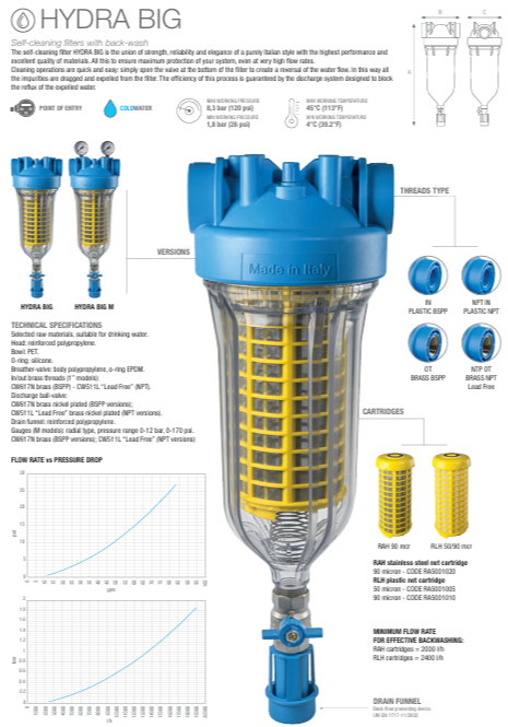 HYDRA BIG M 1 1/2" Self-Cleaning Filter, 90 micron stainless steel mesh, blue housing