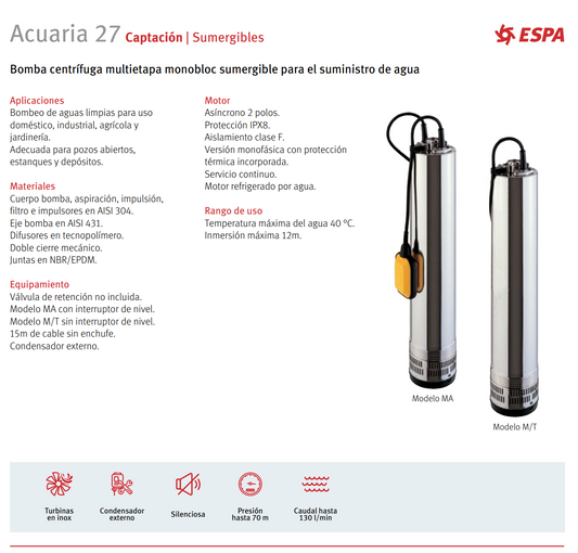 BOMBA SUMERGIBLE ACUARIA 27 3T, 1.5 HP, 220 V, 3 F
