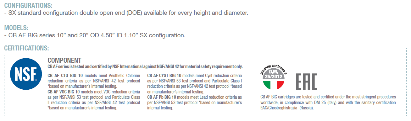 Cartucho para la filtración de compuestos orgánicos volátiles, cloro, olores y sabores desagradables y sedimentos finos 4.5"x20"