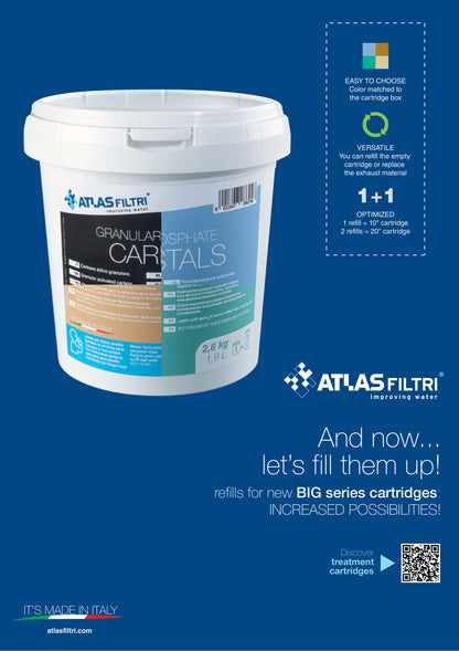 Refillable cartridge with 4.5"x20" Polyphosphate crystals