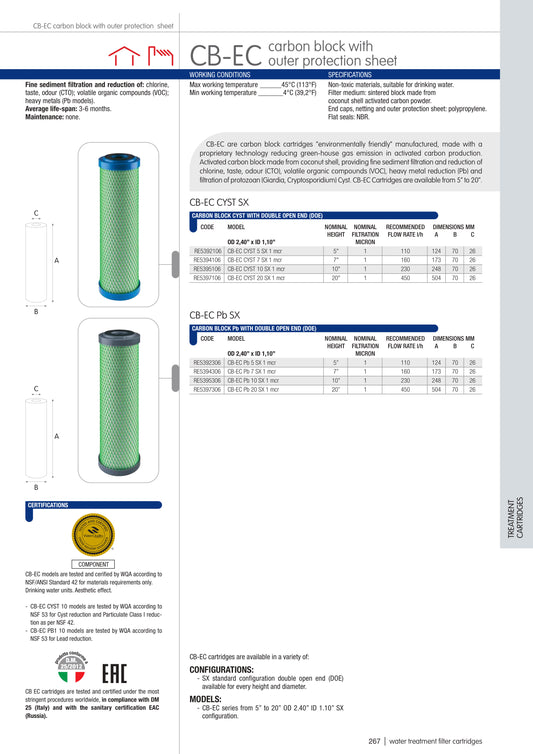 Cartucho de Carbón en Bloque 2.5"x10" de 1 micras - Bacterias y protozoos, olor y sabor a cloro