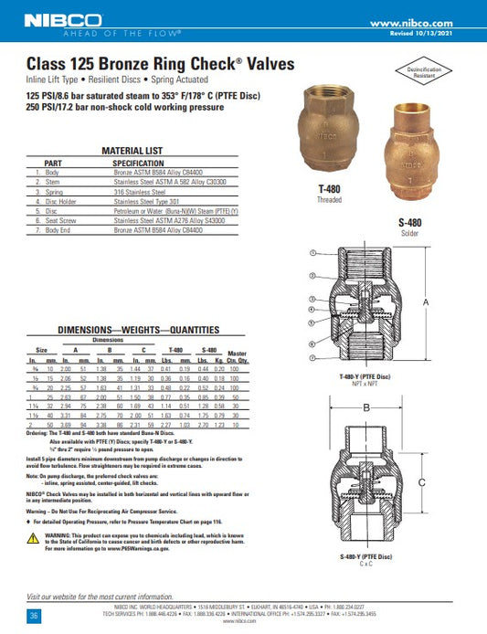 THREADED RING CHECK VALVE - NIBCO BRONZE - UL NSF 250 PSI 1 1/2" - MIOM0385