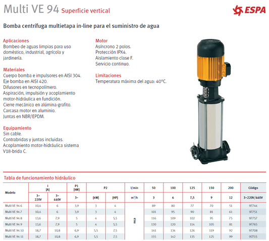 Vertical pump ESPA VE 94 10, 7.5 HP