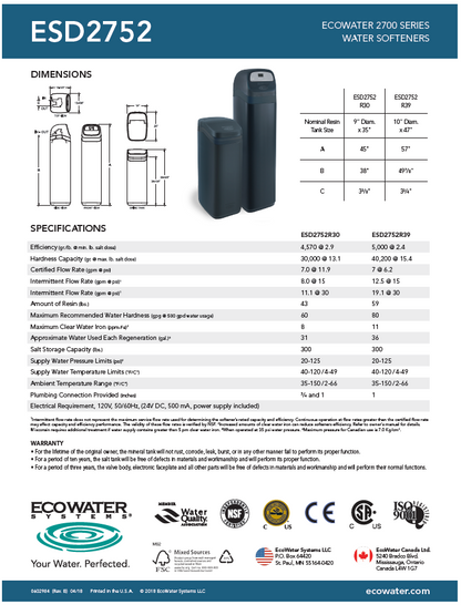 ECOWATER softener model ESD2752 R39, 2ft3