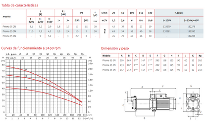 BOMBA CENTRIFUGA PRISMA 35 3N, 2 HP, 220 V, 1F