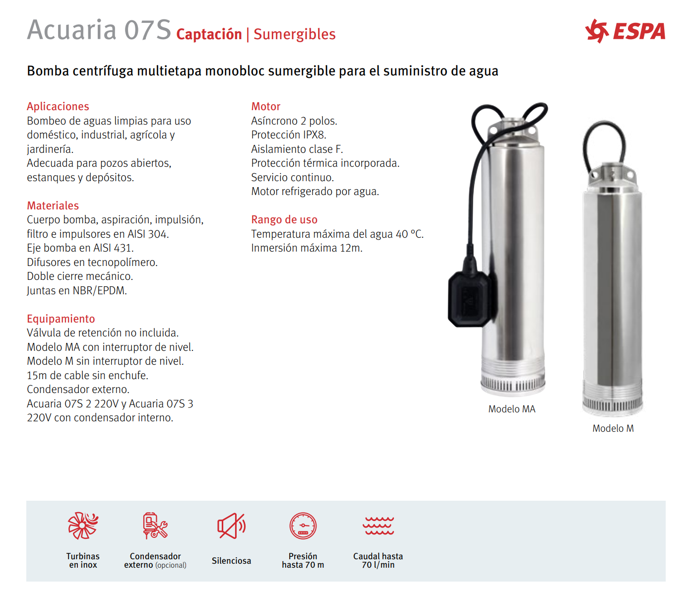 BOMBA SUMERGIBLE ACUARIA 07S 4 MA 1.2 HP, 220V