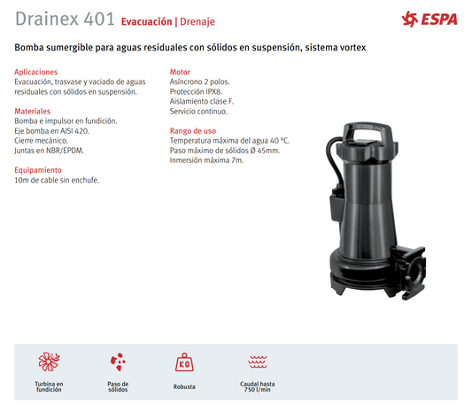 BOMBA DE DRENAJE DRAINEX 401, 3 HP, 220 V, 3 F