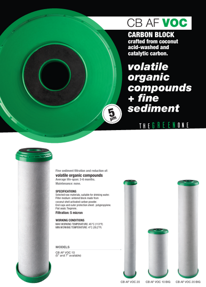 Cartucho para la filtración de compuestos orgánicos volátiles, cloro, olores y sabores desagradables y sedimentos finos 4.5"x20"