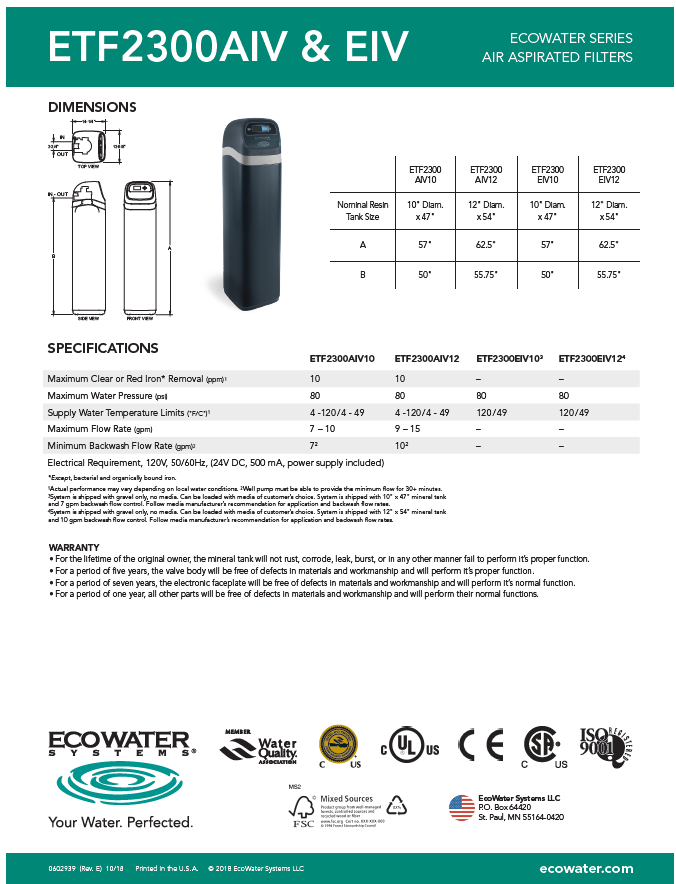 ECOWATER Sediment and Iron Filter - ETF2300AIV12