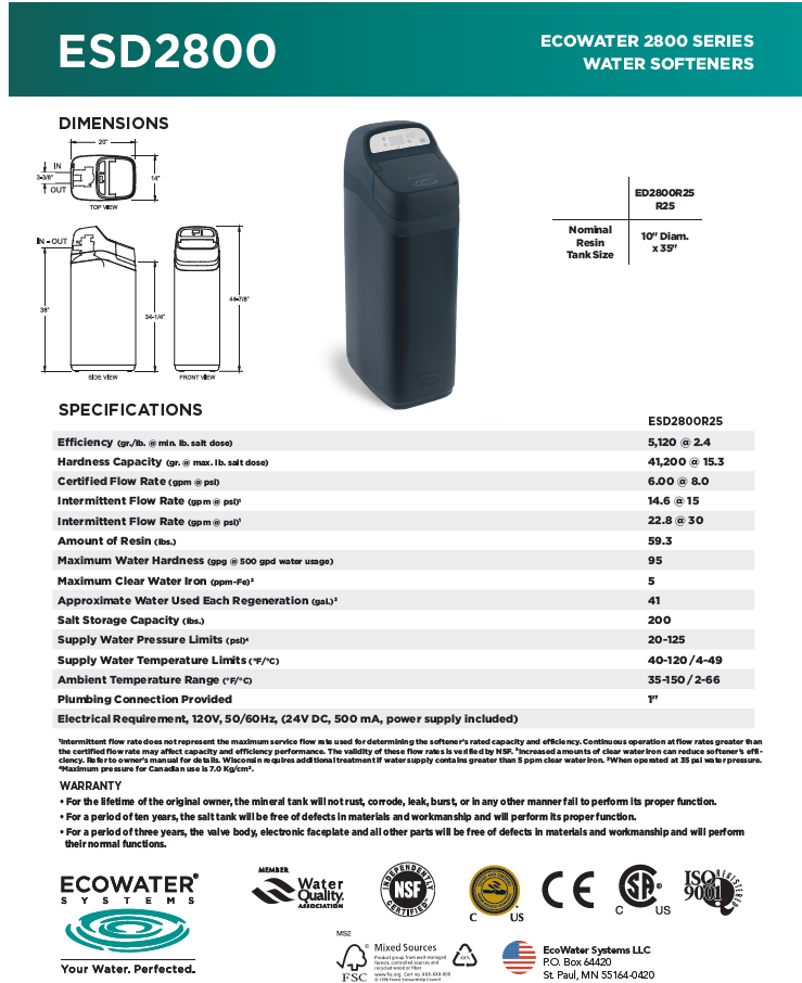 ECOWATER ESD2800 R25 Softener - 1 ft3 - 22.8 gpm
