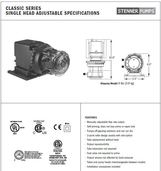 Metering Pump - Stenner - up to 3 gpd @ 100 psi