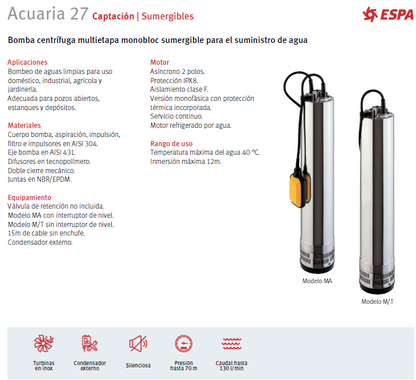 ESPA submersible pump model Acuaria 27 4, 2HP, 220V single-phase