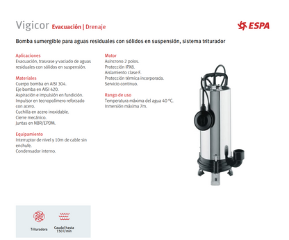 BOMBA DE DRENAJE VIGICOR 150, 1.2 HP, 220 V, 1 F