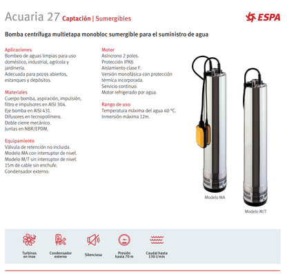 BOMBA SUMERGIBLE ACUARIA 27 3T, 1.5 HP, 220 V, 3 F
