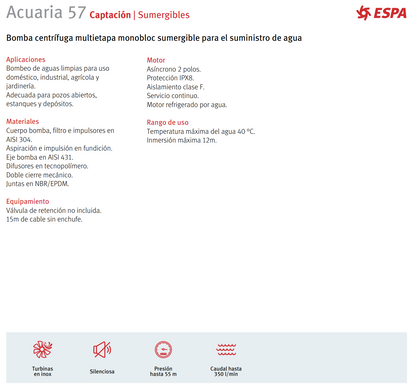 BOMBA SUMERGIBLE ACUARIA 57 3T, 3HP, 230 V, 3 F