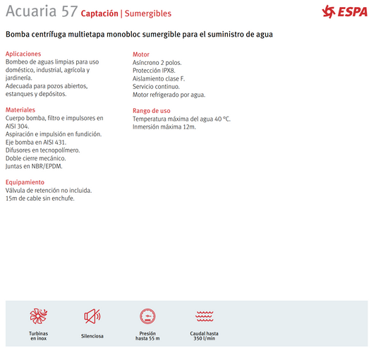 BOMBA SUMERGIBLE ACUARIA 57 3T, 3HP, 230 V, 3 F