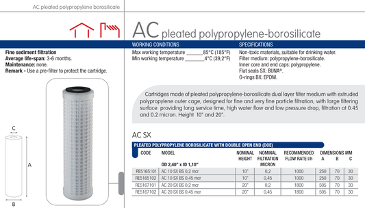 CARTUCHO PLEGADO MULTICAPA DE POLIÉSTER Y BOROSILICATO - 0.45 MICRAS, 2.5" X 10"